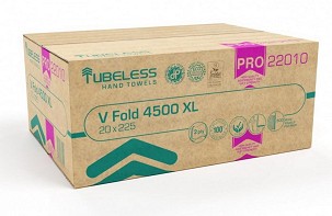 [TUB22010] - Tubeless V Hajtogatott kéztörlő 2 rétegű, fehér, 100% cellulóz, 25x21cm, 20x225 lap, 4500 lap/karton
