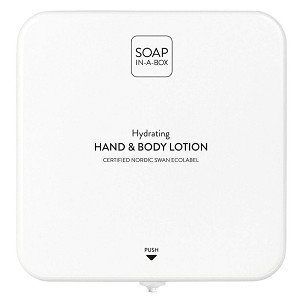[41539] - Soap-In-A-Box fényes fehér kéz- és testápoló adagoló, előlap