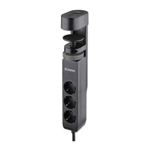 [235-130] - Commel asztalhoz rögzíthető elosztó, 3 db aljzat, USB A+C fekete 16A 3680W