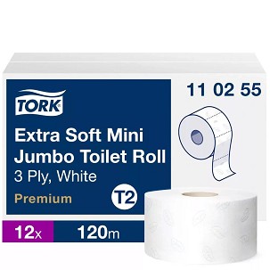 [110255] - Tork Premium Mini Jumbo, extra puha toalettpapír 19cm átm. - 3 rétegű, hófehér, 120m (Karton - 12 tek)
