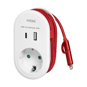 [CS_2] - Virone hálózati elosztó adapter, telefontöltő schuko + USB A+C, USB C + lightning kábel