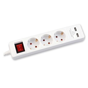 [234-401] - Commel elosztó, hosszabbító 3-as, kapcsolóval, érintésvédelemmel, 2 db USB fehér, 1,4m, 16A, 3500W