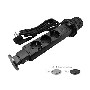 [235-121] - Commel bútorba építhető, rejtett elosztó 3 db aljzat, USB A+C fekete+szürke gyürü 16A 3680W